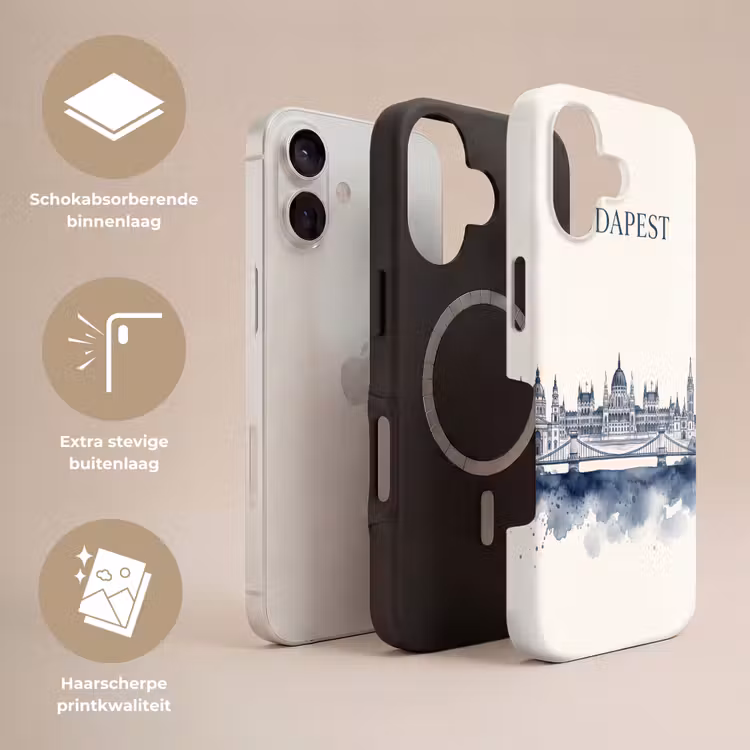 Boedapest - Skyline - Architectuur - Aquarel - Blauw Toughcase MagSafe Apple iPhone 17 klein -USP_Lagen_NL