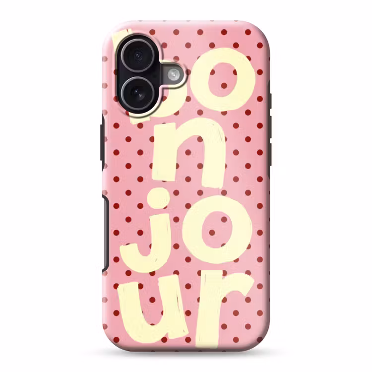 Bonjour - Stippen - Roze- Geel Toughcase MagSafe Apple iPhone 17 klein -3d