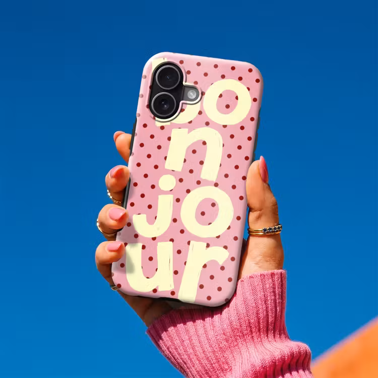Bonjour - Stippen - Roze- Geel Toughcase MagSafe Apple iPhone 17 klein -Sfeer1V