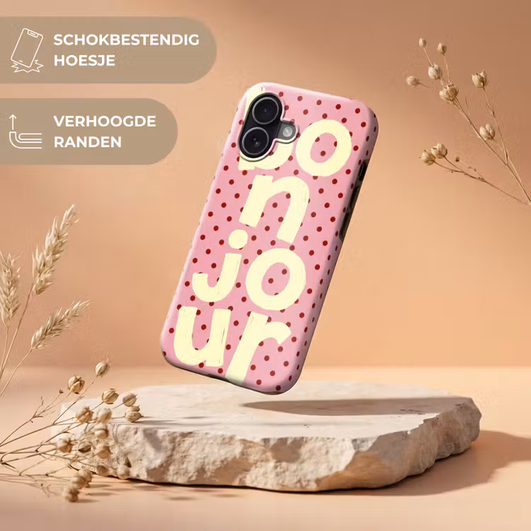 Bonjour - Stippen - Roze- Geel Toughcase MagSafe Apple iPhone 17 klein -USP_RandenV_NL