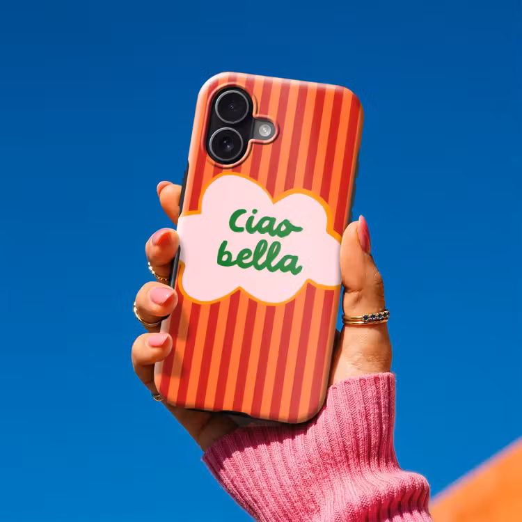Ciao bella - Tekstwolk - Strepen - Oranje Toughcase MagSafe Apple iPhone 17 klein -Sfeer1V