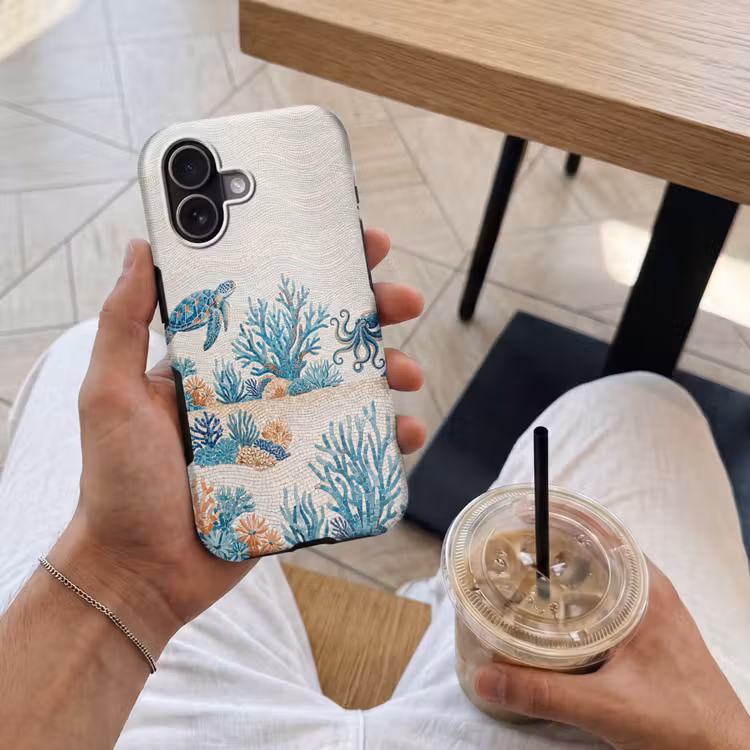 Dieren - Onderwater - Natuur - Mozaïek - Blauw Toughcase MagSafe Apple iPhone 17 klein -Sfeer1M