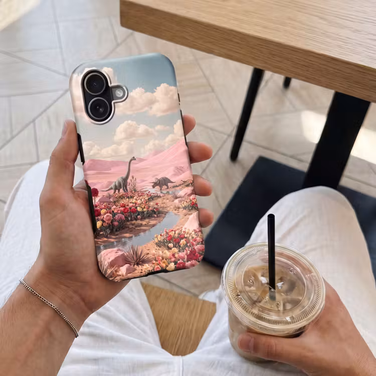Telefoonhoesje Toughcase - Dinosaurus - Roze - Landschap - Dinosaurus - Roze - Landschap Toughcase MagSafe Apple iPhone 17 klein