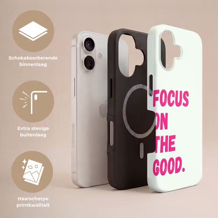Focus on the good - Beige - Roze Toughcase MagSafe Apple iPhone 17 klein -USP_Lagen_NL