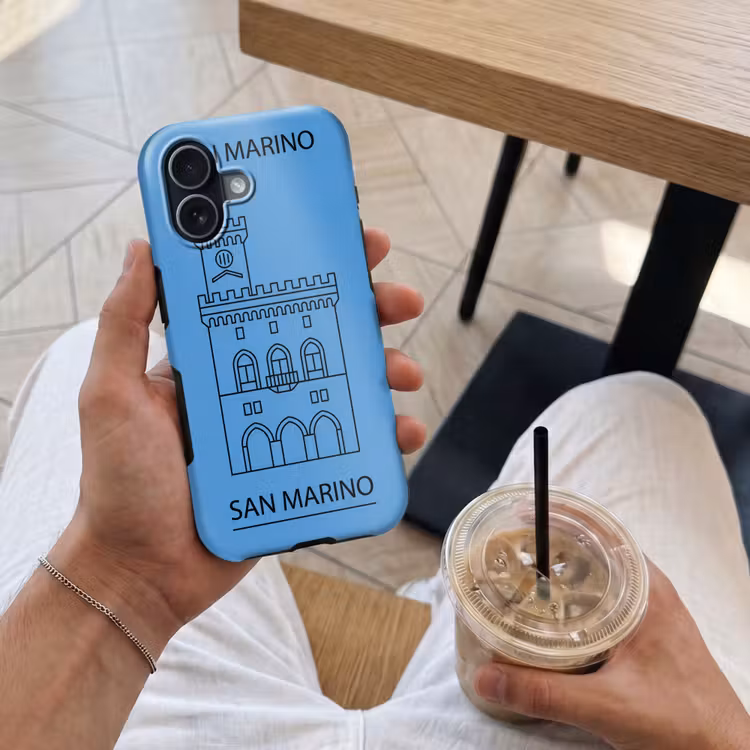 Gebouw - San Marino - Architectuur - Lijntekening - Blauw Toughcase MagSafe Apple iPhone 17 klein -Sfeer1M