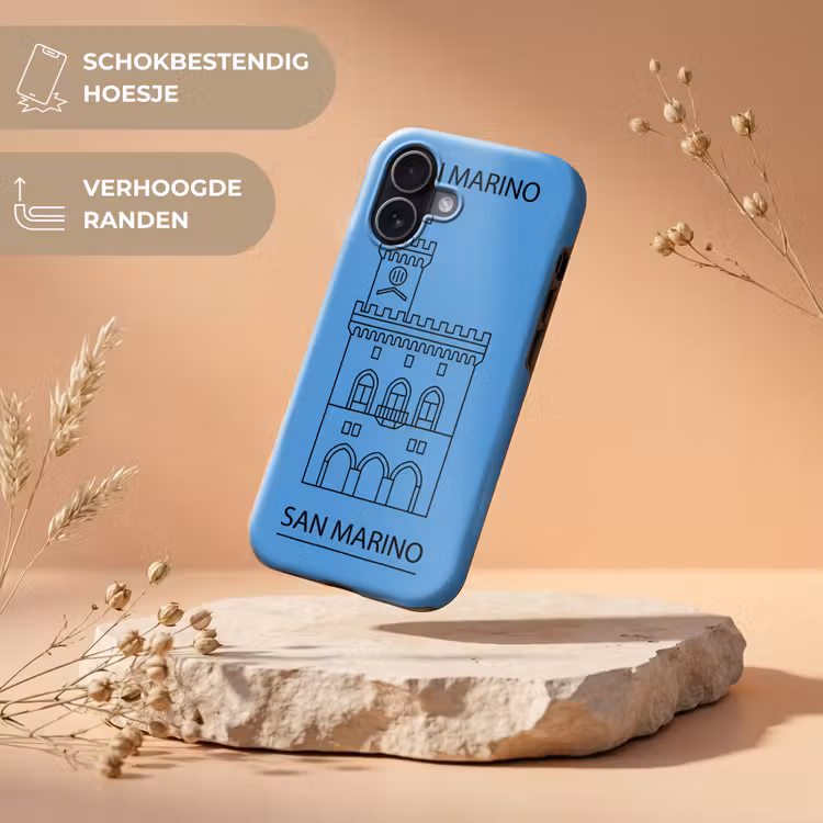 Gebouw - San Marino - Architectuur - Lijntekening - Blauw Toughcase MagSafe Apple iPhone 17 klein -USP_RandenV_NL