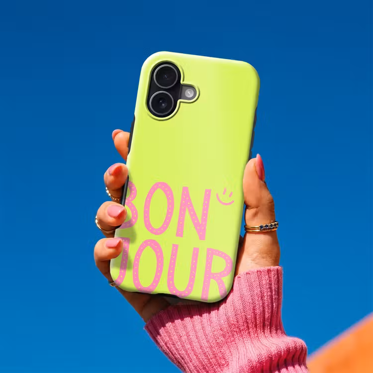 Groen - Smiley - Bonjour - Roze Toughcase MagSafe Apple iPhone 17 klein -Sfeer1V