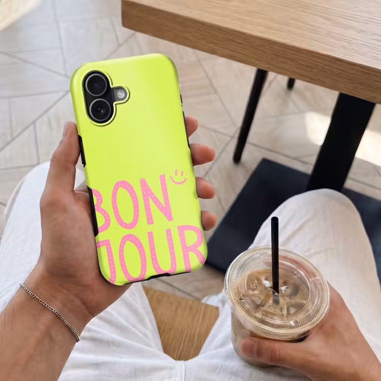 Groen - Smiley - Bonjour - Roze Toughcase MagSafe Apple iPhone 17 klein -Sfeer1M