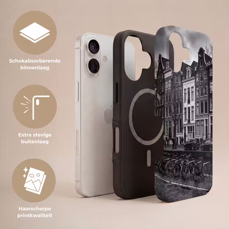 Huis - Gracht - Amsterdam - Architectuur - Zwart-wit Toughcase MagSafe Apple iPhone 17 klein -USP_Lagen_NL
