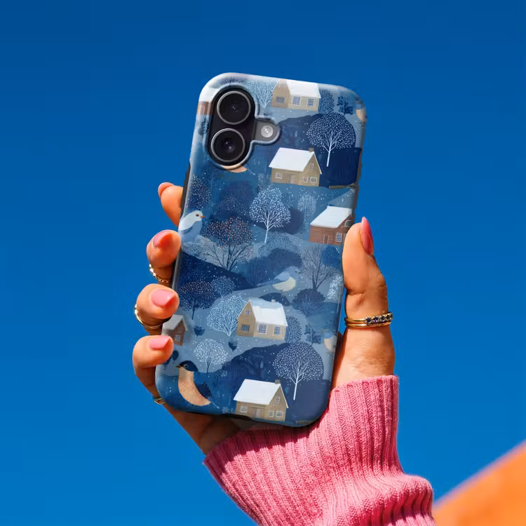 Huisjes - Vogels - Sneeuw - Winter - Blauw Toughcase MagSafe Apple iPhone 17 klein 1017 -Sfeer1V