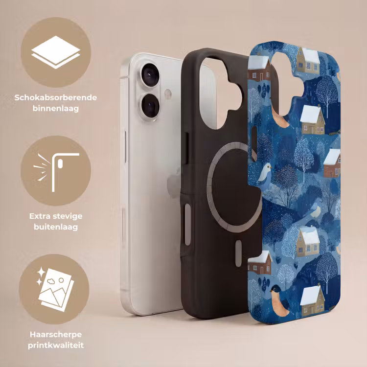 Huisjes - Vogels - Sneeuw - Winter - Blauw Toughcase MagSafe Apple iPhone 17 klein 1017 -USP_Lagen_NL