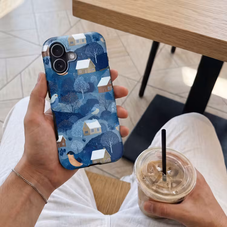 Huisjes - Vogels - Sneeuw - Winter - Blauw Toughcase MagSafe Apple iPhone 17 klein 1017 -Sfeer1M