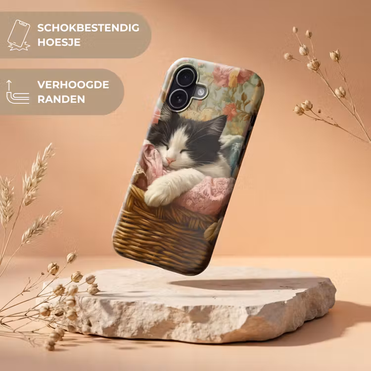 Kat - Bloemenprint - Rieten mand Toughcase MagSafe Apple iPhone 17 klein -USP_RandenV_NL