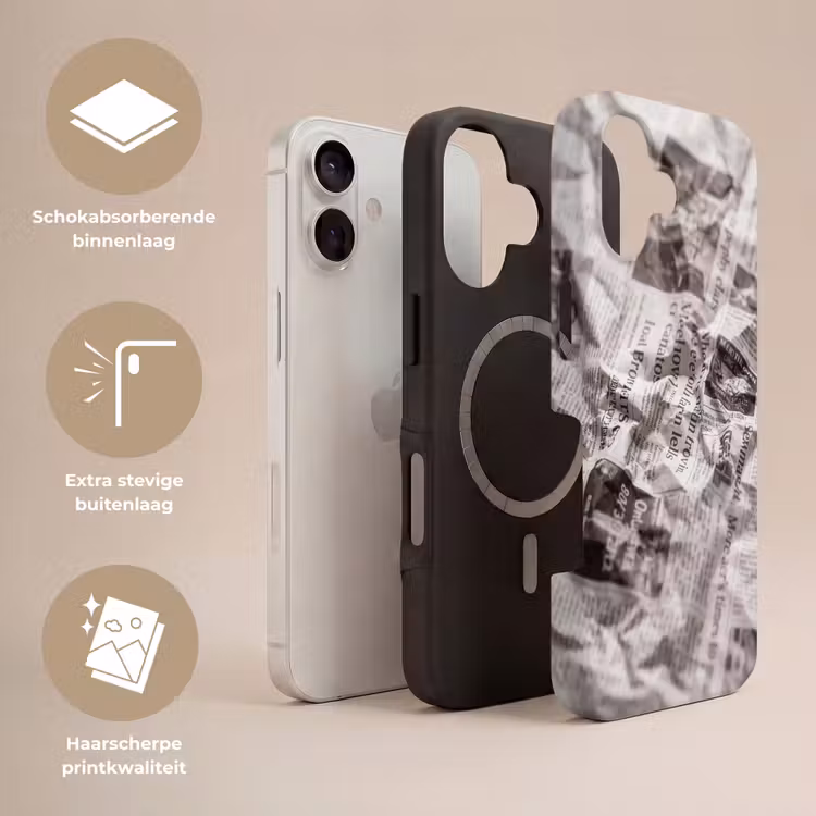 Krant - Gekreukeld - Textuur - Vintage - Zwart-wit Toughcase MagSafe Apple iPhone 17 klein -USP_Lagen_NL