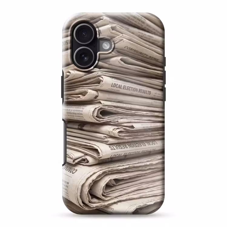 Kranten - Stapel - Nieuws - Vintage - Beige Toughcase MagSafe Apple iPhone 17 klein -3d
