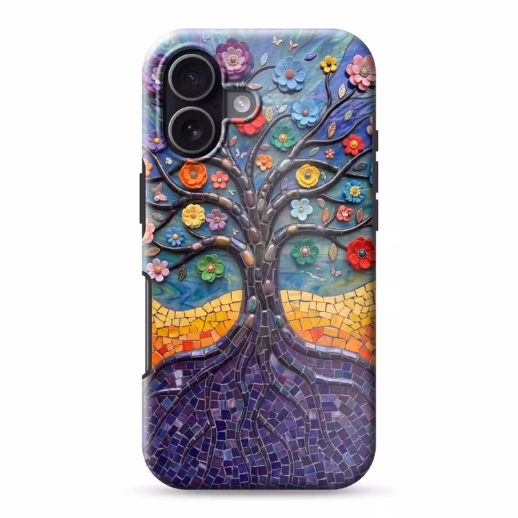 Levensboom - Mozaïek - Bloemen - Kleurrijk - Vrolijk Toughcase MagSafe Apple iPhone 17 klein -3d