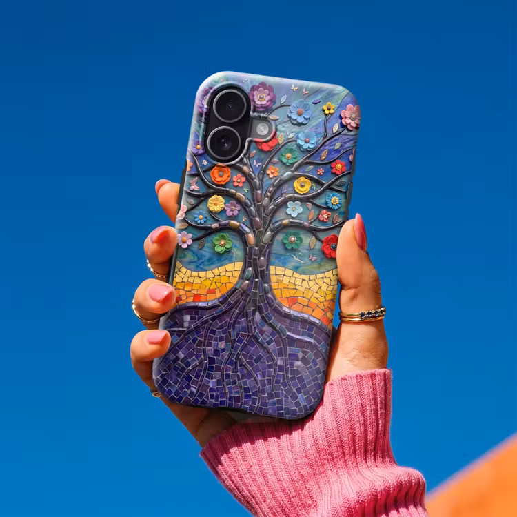 Levensboom - Mozaïek - Bloemen - Kleurrijk - Vrolijk Toughcase MagSafe Apple iPhone 17 klein -Sfeer1V