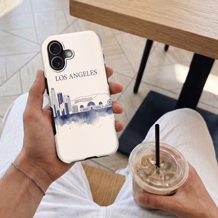 Los Angeles - Skyline - Architectuur - Aquarel - Blauw Toughcase MagSafe Apple iPhone 17 klein -Sfeer1M
