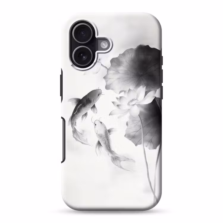 Lotusbloemen - Vissen - Bladeren - Zwart Toughcase MagSafe Apple iPhone 17 klein -3d