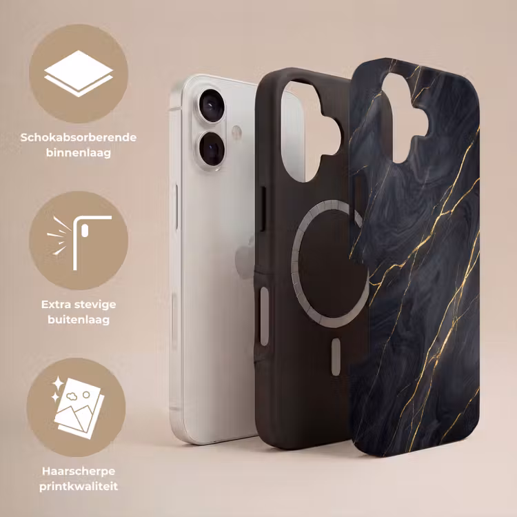 Marmer - Goudaders - Abstract - Modern - Zwart Toughcase MagSafe Apple iPhone 17 klein -USP_Lagen_NL