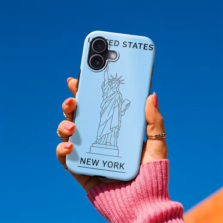 Monument - Vrijheidsbeeld - New York - Minimalistisch - Blauw Toughcase MagSafe Apple iPhone 17 klein -Sfeer1V