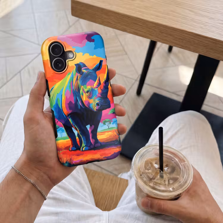 Neushoorn - Zonsondergang - Savanna - Kleurrijk Toughcase MagSafe Apple iPhone 17 klein -Sfeer1M