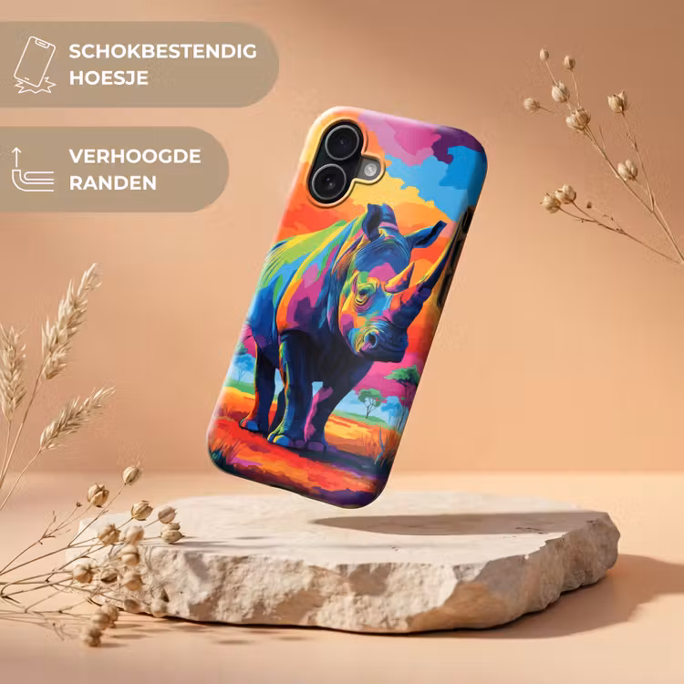Neushoorn - Zonsondergang - Savanna - Kleurrijk Toughcase MagSafe Apple iPhone 17 klein -USP_RandenV_NL