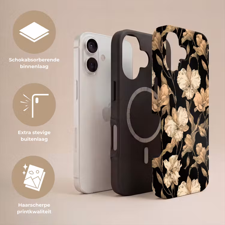 Orchideeën - Lijntekening - Patroon - Beige - Zwart Toughcase MagSafe Apple iPhone 17 klein 1017 -USP_Lagen_NL