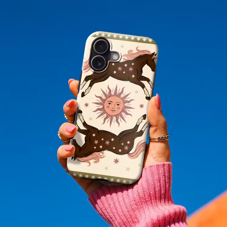 Paard - Zon - Mystiek - Illustratie - Roze Toughcase MagSafe Apple iPhone 17 klein -Sfeer1V
