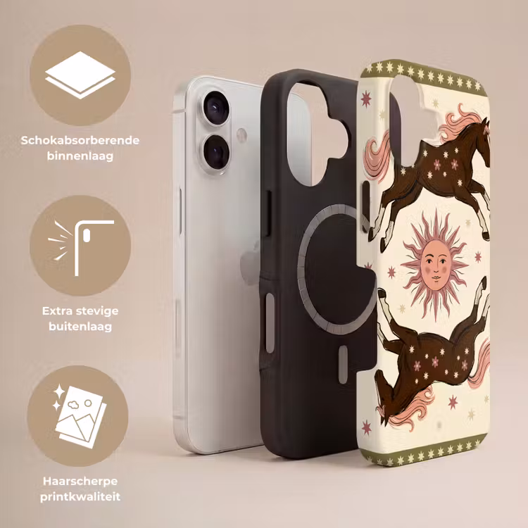 Paard - Zon - Mystiek - Illustratie - Roze Toughcase MagSafe Apple iPhone 17 klein -USP_Lagen_NL