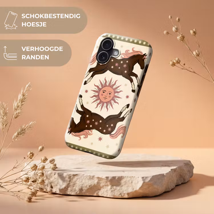 Paard - Zon - Mystiek - Illustratie - Roze Toughcase MagSafe Apple iPhone 17 klein -USP_RandenV_NL