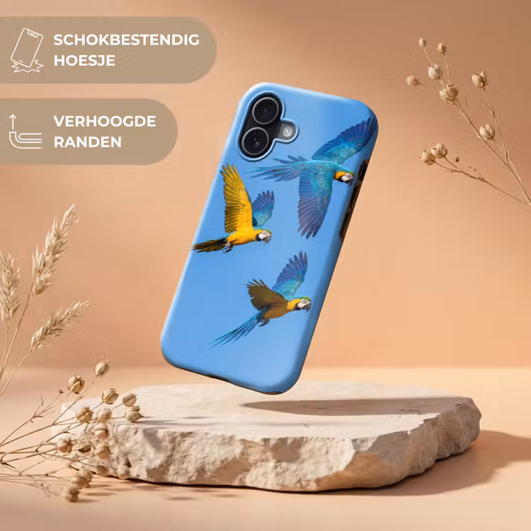 Papagaai - Vliegen - Blauw - Geel Toughcase MagSafe Apple iPhone 17 klein -USP_RandenV_NL