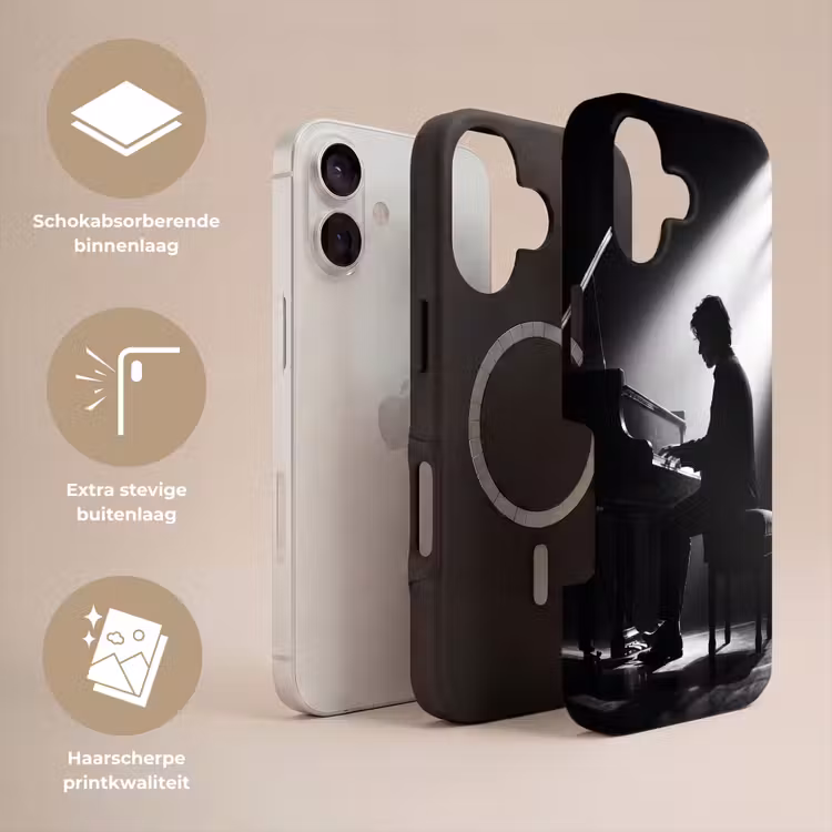 Persoon - Piano - Muziek - Zwart-wit - Podium Toughcase MagSafe Apple iPhone 17 klein -USP_Lagen_NL
