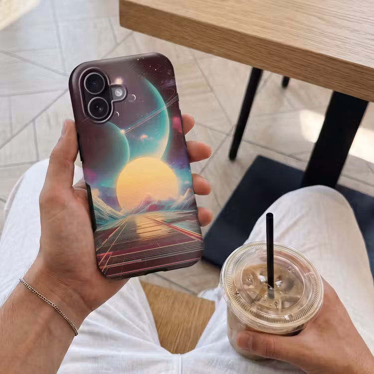 Planeten - Neon - Berglandschap - Zon Toughcase MagSafe Apple iPhone 17 klein -Sfeer1M