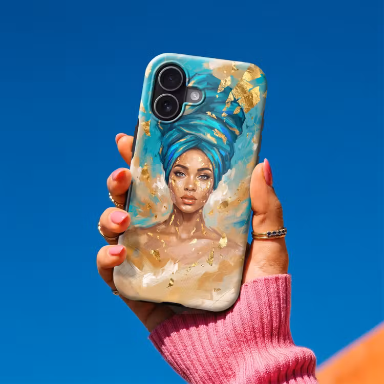 Portret - Vrouw - Schilderij - Blauw - Goud - Expressief Toughcase MagSafe Apple iPhone 17 klein -Sfeer1V