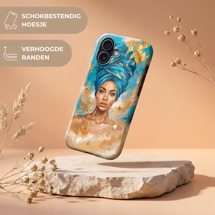 Portret - Vrouw - Schilderij - Blauw - Goud - Expressief Toughcase MagSafe Apple iPhone 17 klein -USP_RandenV_NL