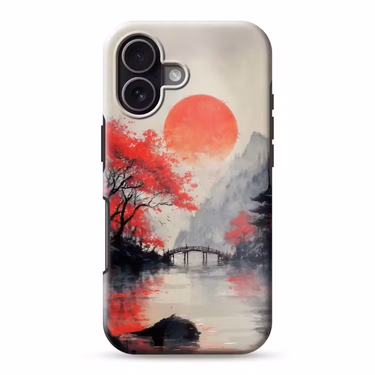 Rode zon - Rivier - brug - Bomen Toughcase MagSafe Apple iPhone 17 klein -3d