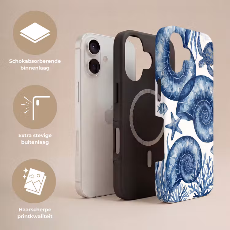 Schelp - Spiraal - Zeeleven - Aquarel - Blauw Toughcase MagSafe Apple iPhone 17 klein -USP_Lagen_NL