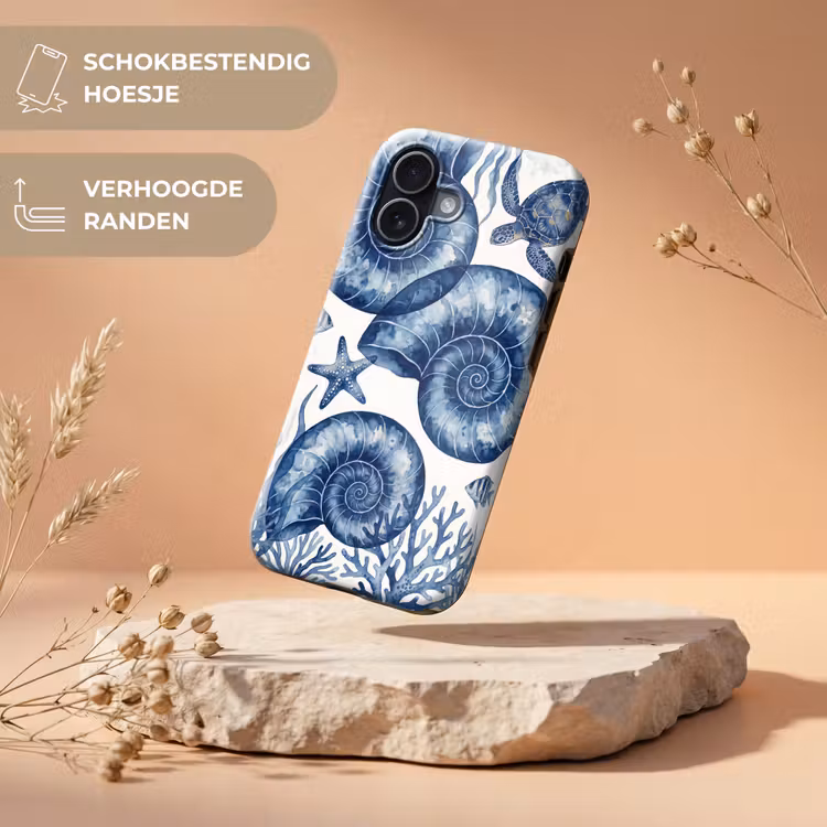 Schelp - Spiraal - Zeeleven - Aquarel - Blauw Toughcase MagSafe Apple iPhone 17 klein -USP_RandenV_NL