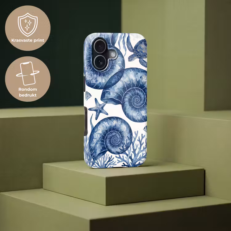 Schelp - Spiraal - Zeeleven - Aquarel - Blauw Toughcase MagSafe Apple iPhone 17 klein -USP_PrintM_NL