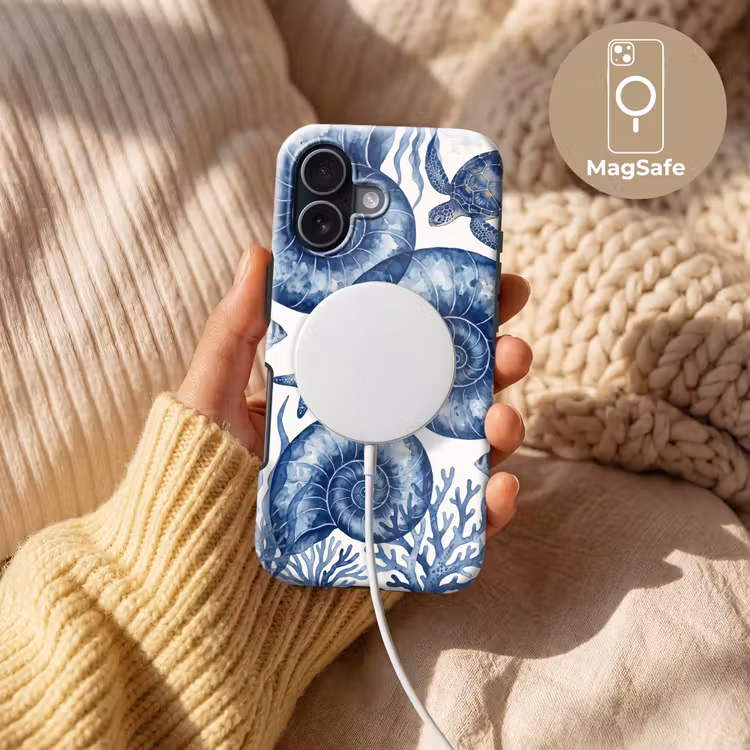 Schelp - Spiraal - Zeeleven - Aquarel - Blauw Toughcase MagSafe Apple iPhone 17 klein -USP_MagsafeV