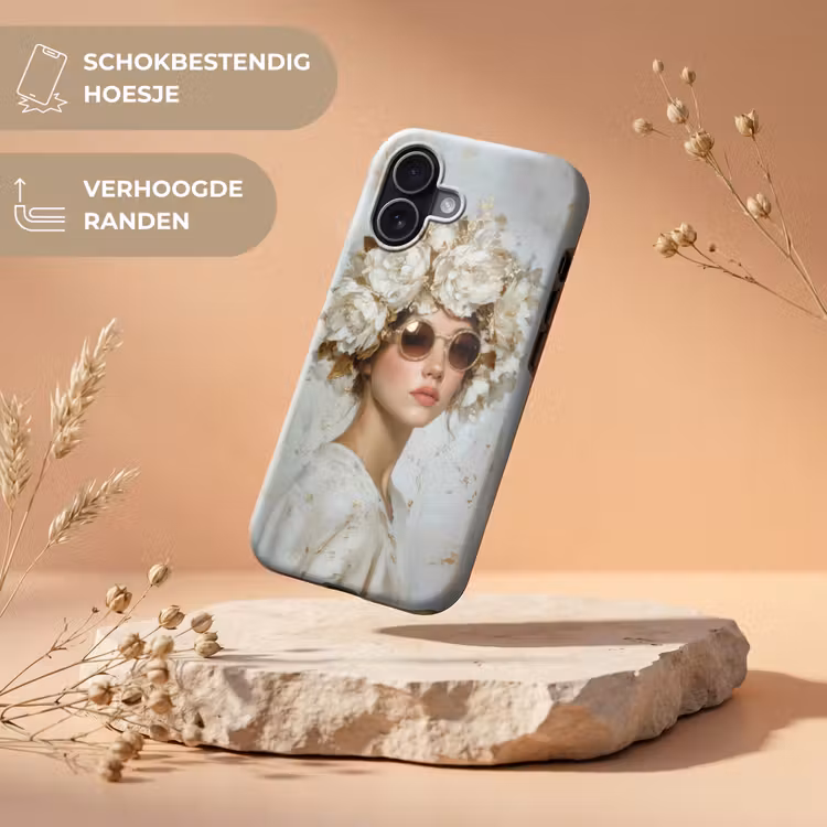 Schilderij - Vrouw - Zonnebril - Bloemenkrans Toughcase MagSafe Apple iPhone 17 klein -USP_RandenV_NL