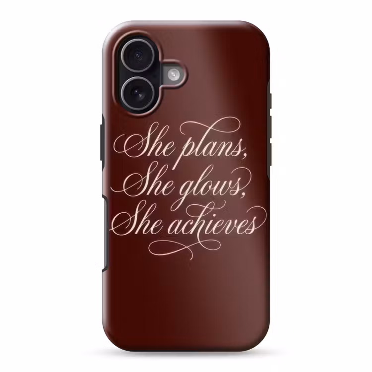 She plans she glows she achieves - Rood - Cursief Toughcase MagSafe Apple iPhone 17 klein -3d