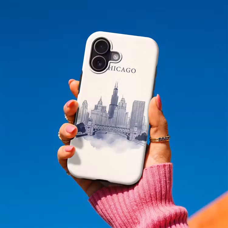 Stad - Skyline - Architectuur - Lijntekening - Blauw Toughcase MagSafe Apple iPhone 17 klein -Sfeer1V
