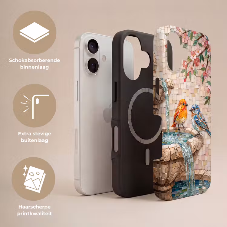 Vogel - fontein - mozaiek - kleurrijk - dieren Toughcase MagSafe Apple iPhone 17 klein -USP_Lagen_NL