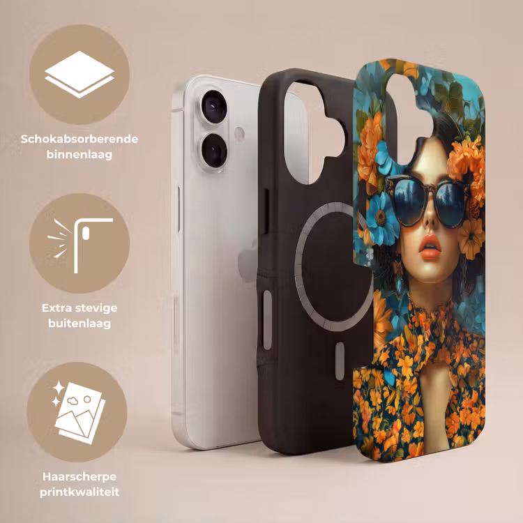 Vrouw - Bloemen - Oranje - Blauw - Modern Toughcase MagSafe Apple iPhone 17 klein -USP_Lagen_NL