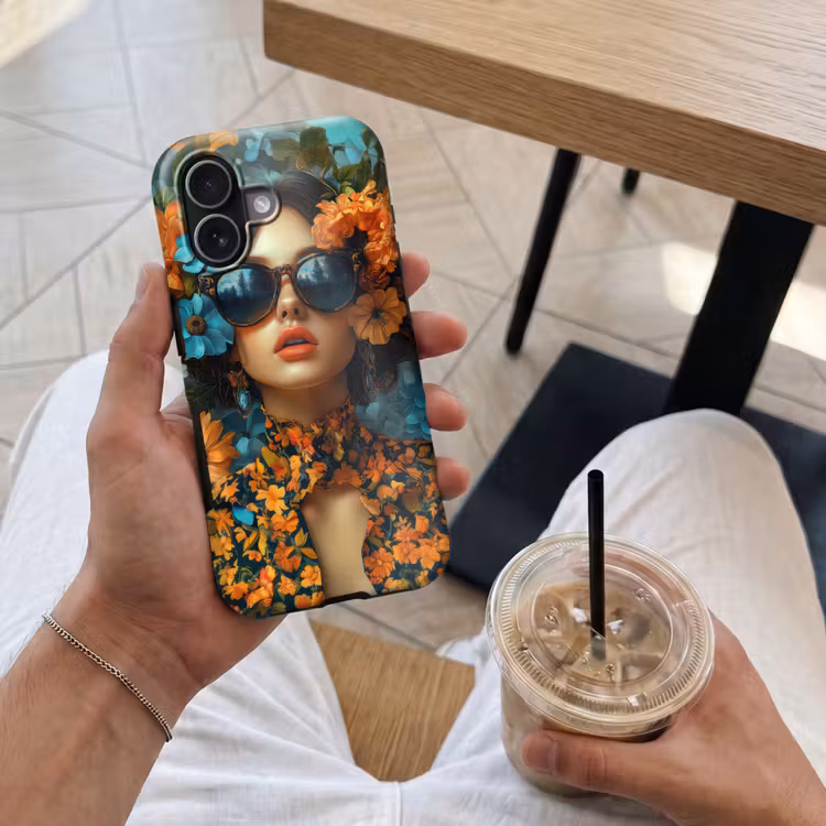 Vrouw - Bloemen - Oranje - Blauw - Modern Toughcase MagSafe Apple iPhone 17 klein -Sfeer1M
