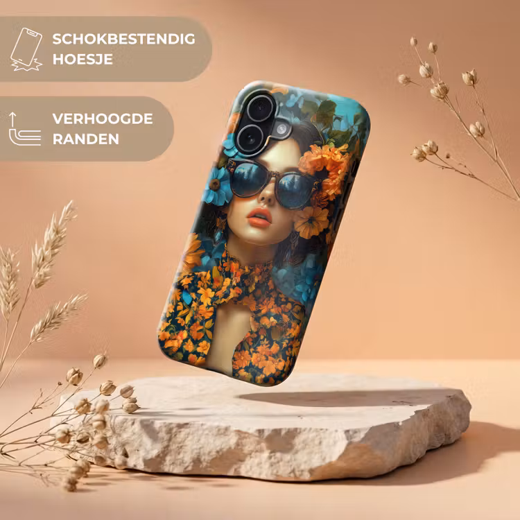 Vrouw - Bloemen - Oranje - Blauw - Modern Toughcase MagSafe Apple iPhone 17 klein -USP_RandenV_NL