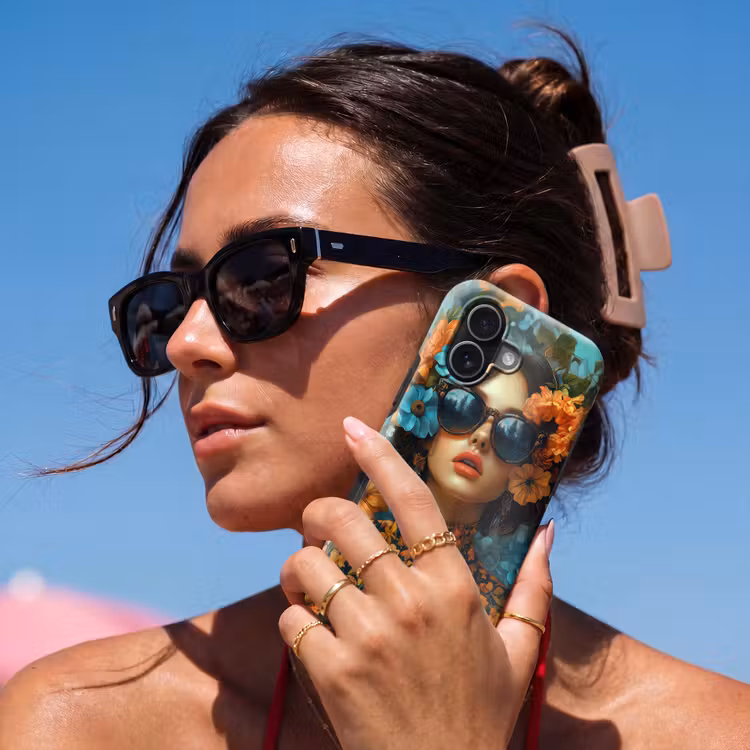 Vrouw - Bloemen - Oranje - Blauw - Modern Toughcase MagSafe Apple iPhone 17 klein -Sfeer2V