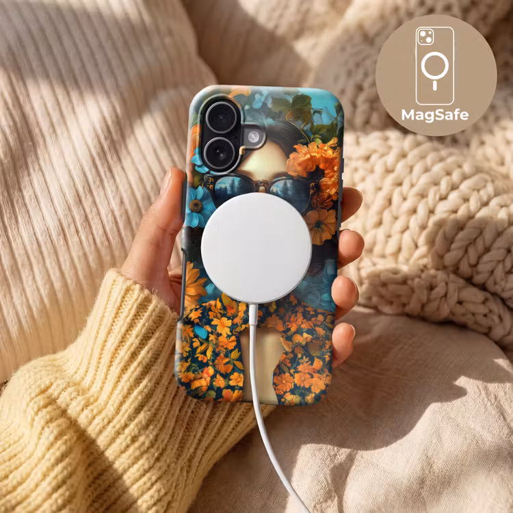 Vrouw - Bloemen - Oranje - Blauw - Modern Toughcase MagSafe Apple iPhone 17 klein -USP_MagsafeV